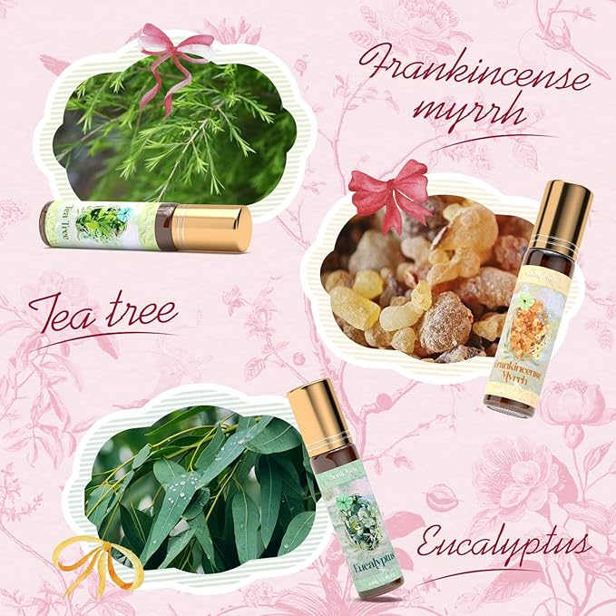 Essential Oil Roll On Set, Natural Aromatherapy Oils with Portable Roller Ball for Skin Care- Tea Tree, Frankincense & Myrrh, Lavender, Peppermint, Eucalyptus, Lemon - Gifts for Women & Men - Bloomnest