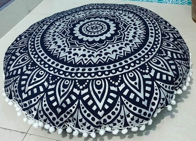 INDIAN CRAFT CASTLE 24" Blue Silver Mandala Barmeri Large Floor Pillow Cover Cushion Meditation Seating Ottoman Throw Cover Hippie Decorative Zipped Bohemian Pouf Ottoman Pom Pom Cases 24" Round - Bloomnest