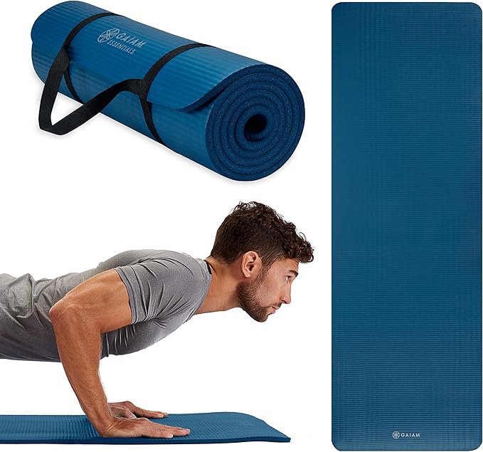 Gaiam Essentials Thick 2/5" (10mm) and Thin 1/4" (6mm) Yoga & Pilates, Fitness & Exercise Mat with Easy-Cinch Carrier Strap