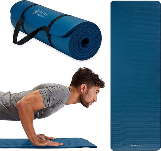 Gaiam Essentials Thick 2/5" (10mm) and Thin 1/4" (6mm) Yoga & Pilates, Fitness & Exercise Mat with Easy-Cinch Carrier Strap