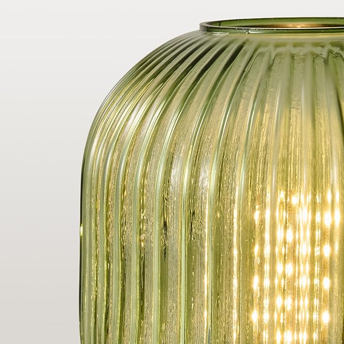 Mid Century Green Table Lamp: Vintage Ribbed Globe Pumpkin Glass Dimmable Plug in Small Bedside Lamps - Cute Brass Gold Modern Side Table Lamp Nightstand Light for Bedroom Entryway Desk Living Room - Bloomnest