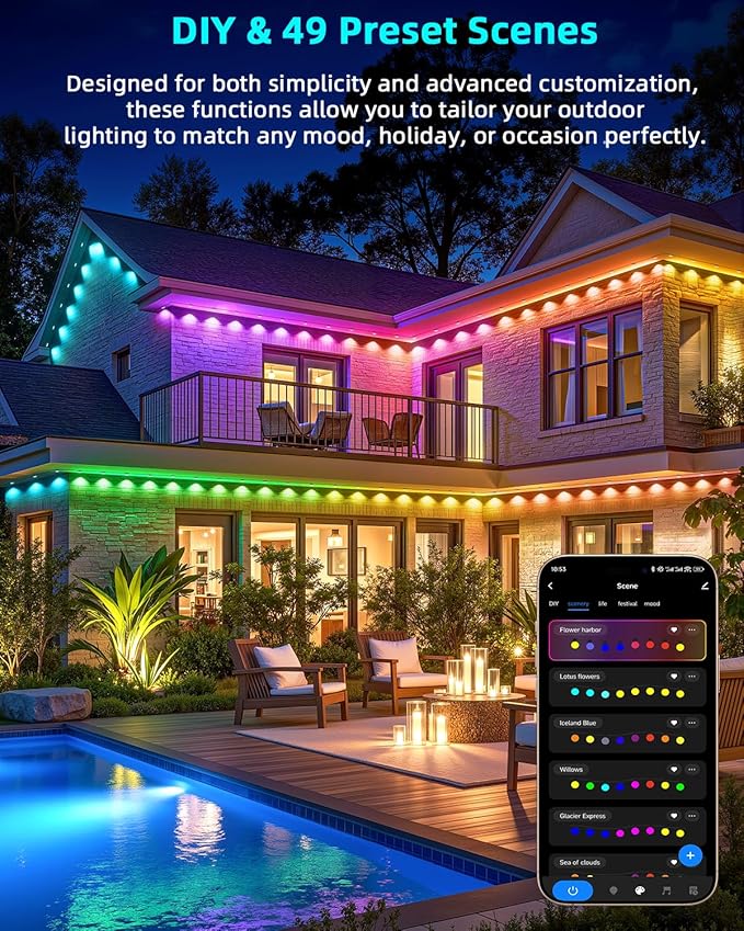 REYLAX Permanent Outdoor Lights Pro, 100ft with 72 Triple-LED 135lm, RGB+IC Smart Eaves Christmas Lights for House, IP67 Waterproof, Multi Scenes for Outdoor Decor, Works with Alexa, Google, Remote - Bloomnest