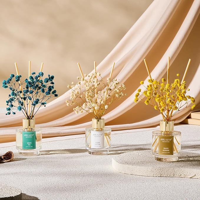 Airkeep Reed Diffuser Set of 3,Clean Cotton White Jasmine White Tea Oil Reed Diffusers for Bedroom Living Room Office Aromatherapy Oil Reed Diffuser for Gift 50ml x 3 - Bloomnest