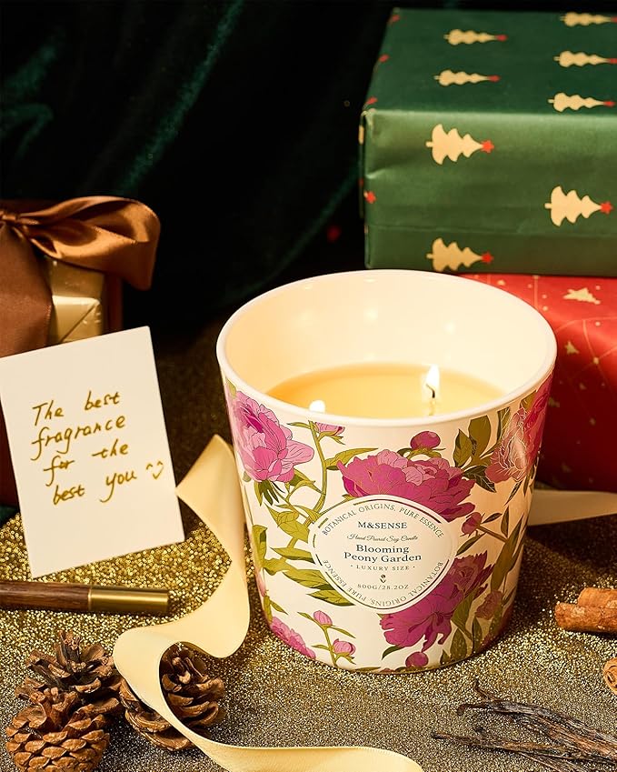 M&SENSE Blooming Peony Scented Candle, 28.2oz 3 Wick Natural Soy Wax Large Candles, Long Lasting Clean Slow Burning No Toxic Décor for Home Relaxation, Romantic Dates & Gift-Giving - Bloomnest