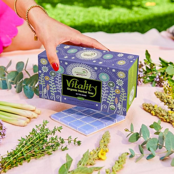 Adanim Bio Vitality Organic Herbal Tea Sampler Gift Set Caffeine Free 8 Flavors Variety Pack 64 Individually Wrapped Tea Bags for Gifting - Bloomnest