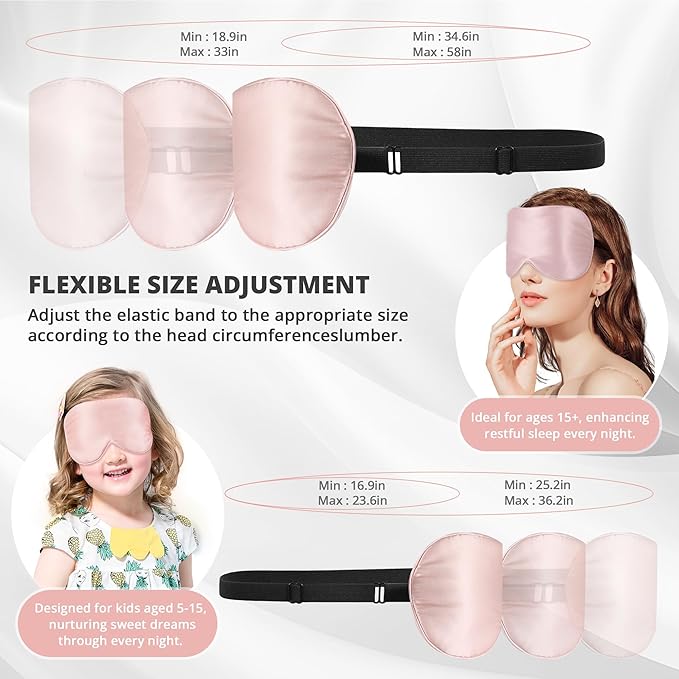 Silk Sleep Mask Eye Cover, 100% Real Natural Silk Eye Mask for Sleeping with Adjustable Strap, 100% Silk Filling Blindfold, Eye Shade for Kids/Teens/Adults, Sleeping Masks for Family (2 Pink) - Bloomnest