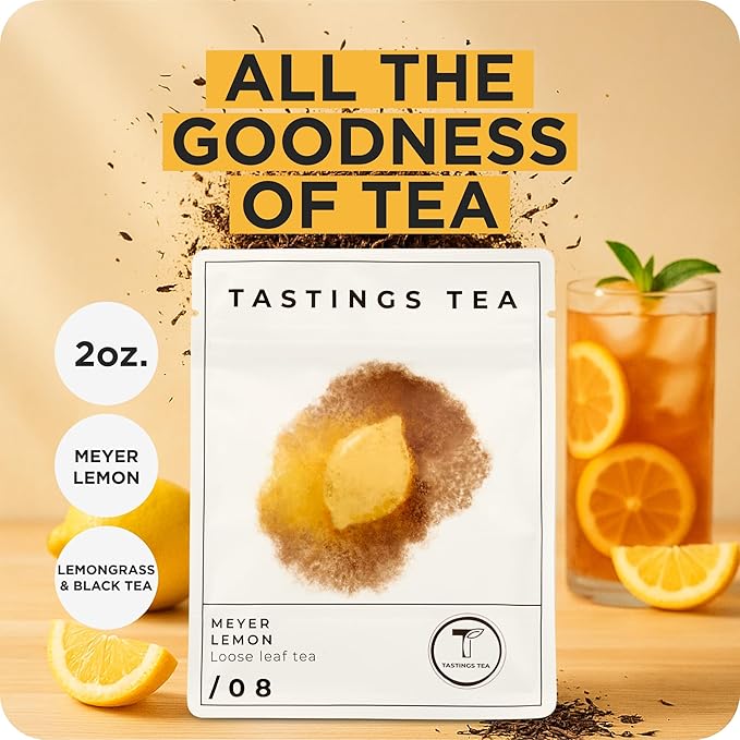Tastings Tea Meyer Lemon Loose Leaf, 2 oz | Unsweetened Black Citrus Blend & Fruit Infusion with Lemongrass & Peel | Hot or Iced Cold Brew | Small Batch & Sustainably Sourced | Resealable Pouch - Bloomnest