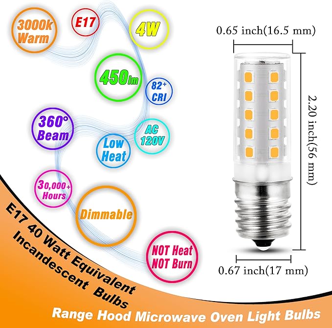 LED 8206232A Microwave Oven Light Bulbs 4W Equivalent 40W 450lm Dimmable E17 LED Intermediate Base Bulb for Range Hood Refrigerators Appliance Light Lava Lamp Salt Lamp Bulb, Warm White 3000K, 2 Pack - Bloomnest