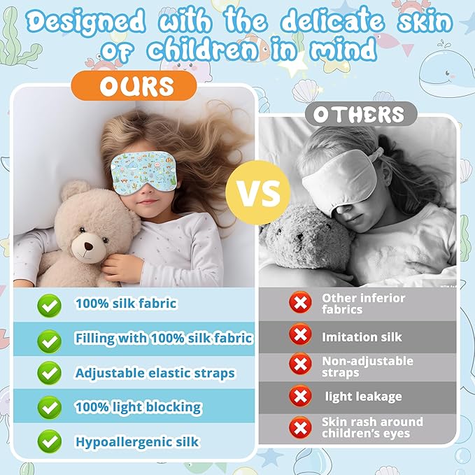 Kids Sleep Mask Eye Cover: 100% Real Natural Pure Silk Eye Mask with Adjustable Strap, Funny Blindfold Kids Eye Mask for Sleeping, Soft & Lightweight Eye Shade for Boys Girls Teens (Ocean Style) - Bloomnest