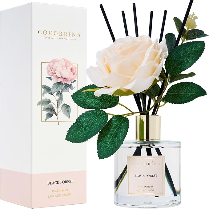 Cocorrina Reed Diffuser Set, Flower Reed Diffuser Black Forest 6.7 oz, Scented Diffuser with Sticks Home Fragrance Essential Oil for Bathroom Shelf Decor, Living Room, Large Room, 1pack - Bloomnest