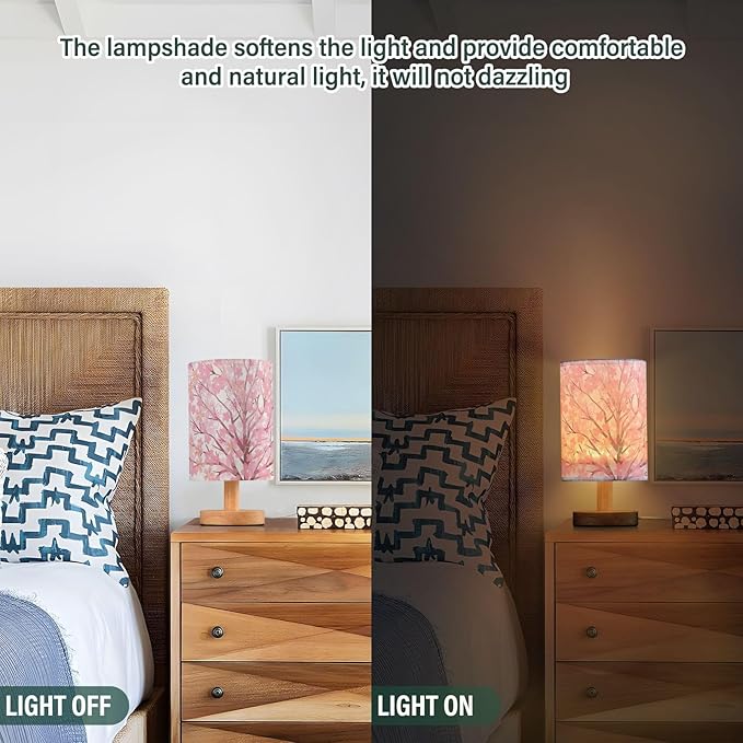 Table Lamp Pink Cherry Blossom Tree Spring Flower Nightstand Lamp with Wood Base Fabric Lamp Shade Bedside Desk Lamp for Living Room Bedroom Kids Room Office - Bloomnest