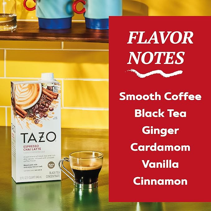 TAZO Espresso Chai Latte, Black Tea Concentrate, Easy to Serve Espresso Chai Tea for Everyday Cafe Style Lattes, Hot or Iced Coffee-like experience, Barista Approved, 32oz Tea Mix Carton - Bloomnest