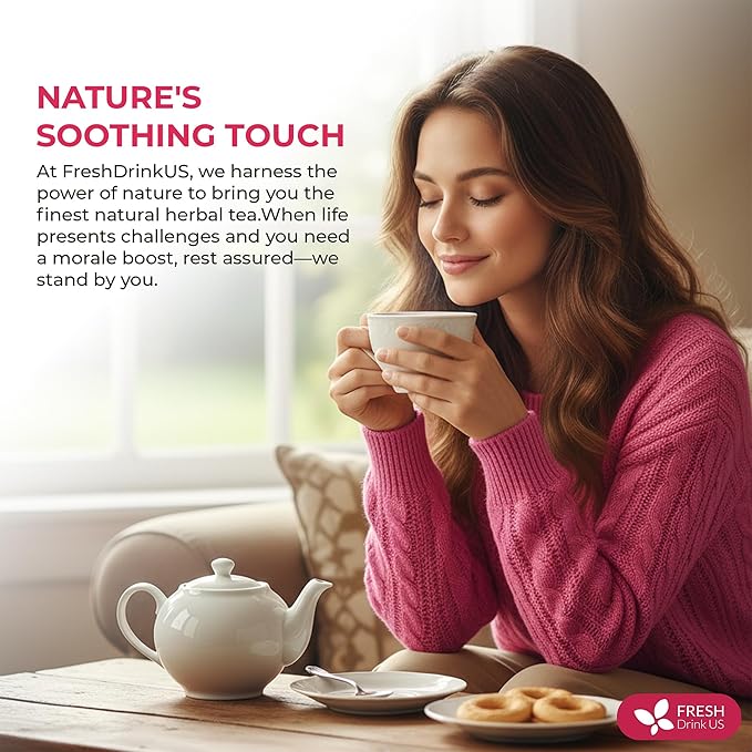 FreshDrinkUS, 40 Tea Bags - Menopause Support Herbal Tea – Soothing Blend with Rhubarb, Hibiscus, Valerian, Passiflora, Ashwagandha, Fennel & Chamomile, Caffeine-Free, Vegan, Non-GMO - Bloomnest