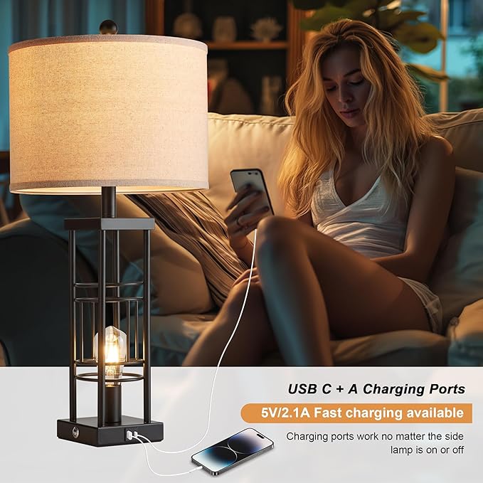 Table Lamp for Living Room Set of 2 with USB Charging Ports, 3-Way Dimmable 27.6" Farmhouse End Lamps for Bedroom, Rustic Bedside Lamp, Industrial Nightstand Lamps,Bulbs Included(Black) - Bloomnest