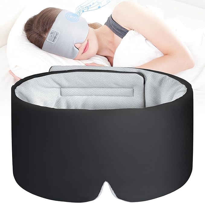 MUSICOZY Ice Silk Sleep Headphones with Bluetooth Mask, Eye Mask for Sleeping in Total Darkness, 5.4 Bluetooth Sleep Mask Sleep Headphones, Soft, Gifts for Men Women (Black) - Bloomnest