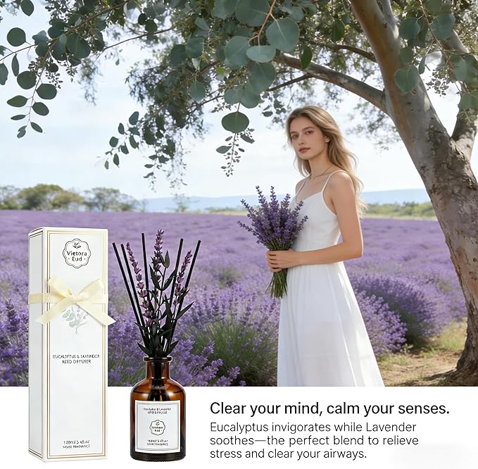 Eucalyptus & Lavender Essential Oil Reed Diffuser - 3.34 Fl Oz, Luxury Hotel Collection Diffuser Oil Inspired by Ritz Carlton for Home&Office, Bedroom/Living Room Shelf Decor,Non-Toxic & Gift Ready - Bloomnest
