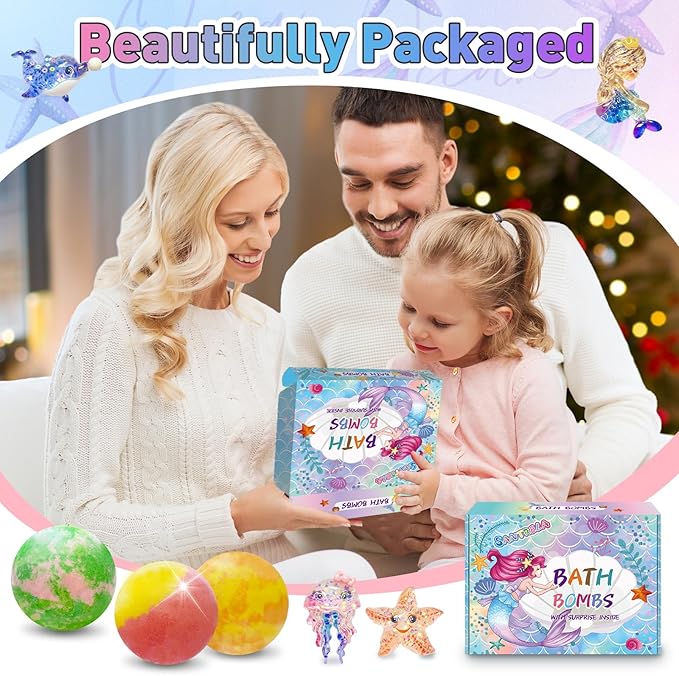 Bath Bombs for Kids with Surprise Inside, 12pcs Kids Bath Bombs with Mermaid Toys Gift Set for Girls, Shea & Coco Butter Dry Skin Moisturize, Handmade Fizzy Bubble Spa Bath Ball for Birthday Christmas - Bloomnest