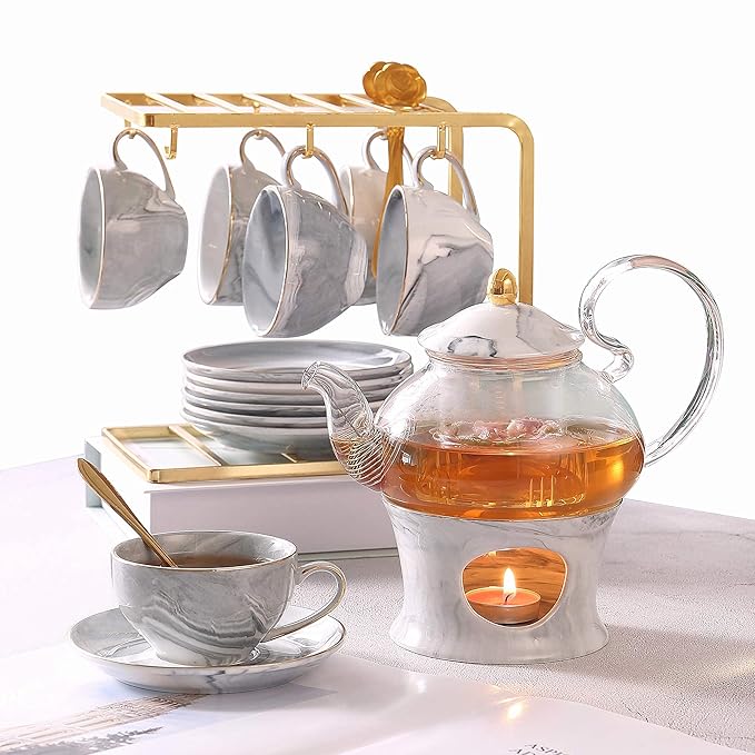 DUJUST 21 pcs Small Tea Set of 6, Gray Marble Texture with Handcraft Golden Trim, Fine Porcelain Tea pot Set for Kids&Adults, 1 Glass Teapot(22oz), 6 Cups(4oz), 6 Saucers, 6 Spoons, 1 Shelf&1 Warmer… - Bloomnest