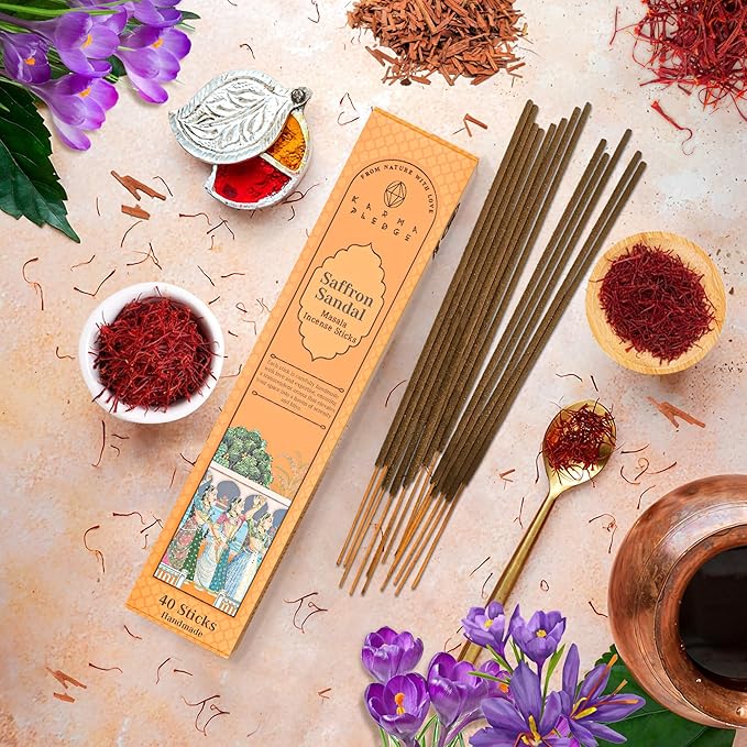 Incense Sticks, Saffron Sandal Incense, Made with Natural Ingredients, Hand Rolled Aromatic Masala, 40 Stick Pack, 45-60 Minute Burn Time, Best for Home Fragrance, Meditation, Yoga, Spiritual Healing KARMAPLEDGE