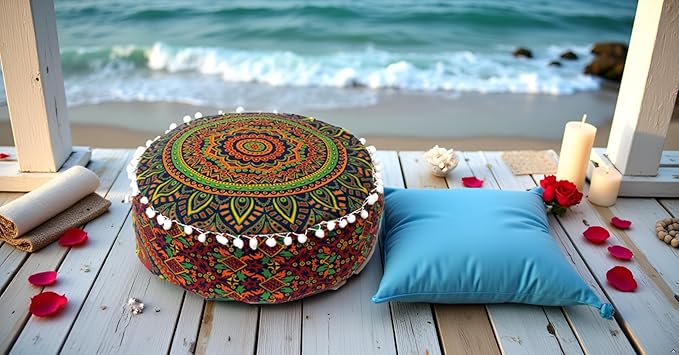INDIAN CRAFT CASTLE ICC Floor Pillows & Cushion Covers Decorative Hippie Mandala Pouf Pillow Covers Seating Meditation Cushion Cover Large Boho Ottoman Case Pillowcase Couch New Blue, 16" Round - Bloomnest