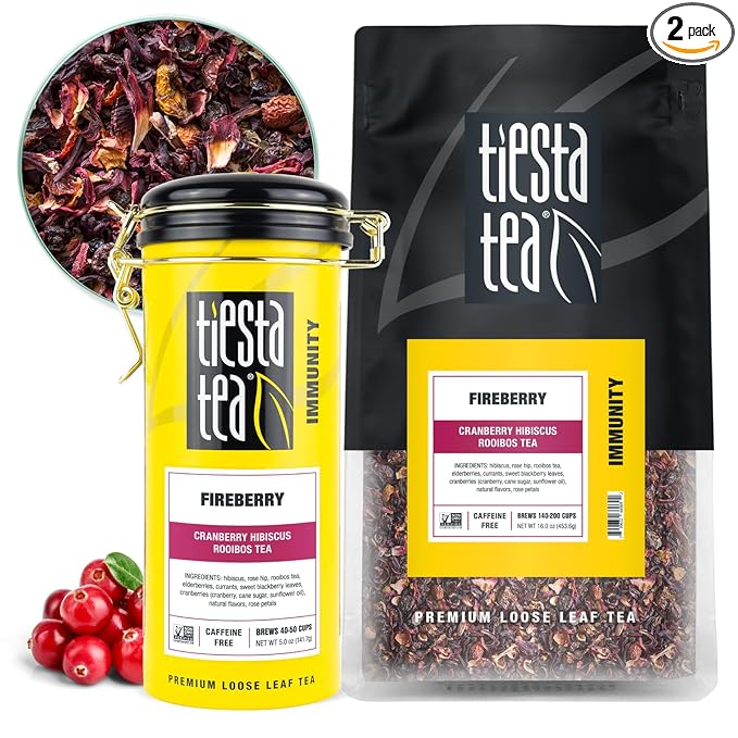 Tiesta Tea - Fireberry Cranberry Hibiscus Loose Leaf Tea, Premium Caffeine-Free Rooibos Blend, Brew Hot or Iced, Makes Up to 250 Cups, 16oz Bulk Pouch & 5oz Refillable Tin Set - Bloomnest