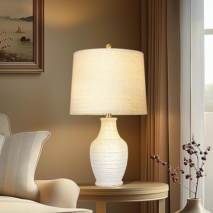 Scenekoy 23" Ceramic Table Lamps Set of 2 with 3-Way Dimmable Bulb,Rotary Switch,Lamps for Living Room,Bedside Lamp with Linen Shade,Nightstand Lamps of 2 for Living Room Bedroom(Bulb Included) - Bloomnest
