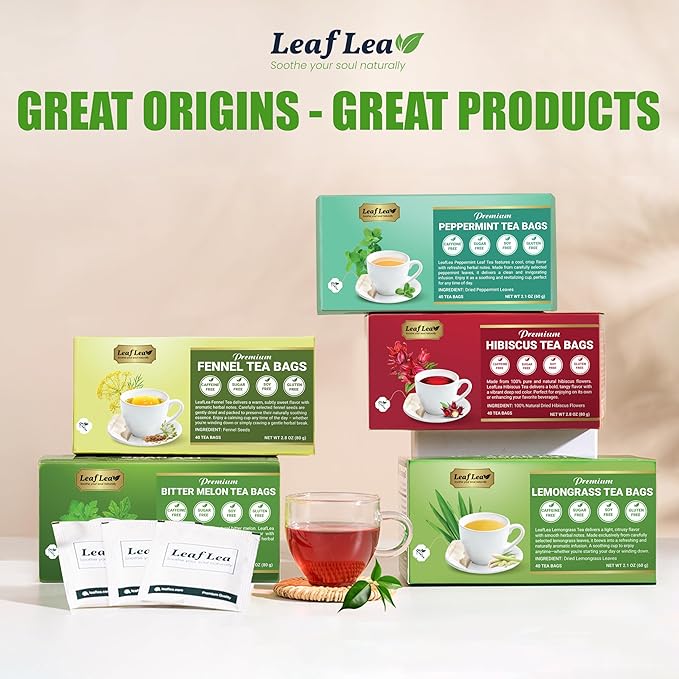 LeafLea 40 Peppermint Tea Bags, Natural Peppermint Leaf Herbal Tea with Cool Taste, Te De Menta for Gentle Digestive Support, Te De Hierba Buena, Caffeine-Free, Sugar-Free, Vegan, Individually Wrapped - Bloomnest