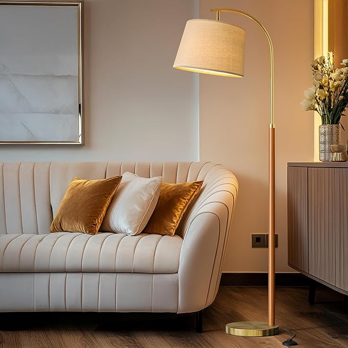 62.5" Gold Floor Lamp for Living Room Dimmable Standing Lamp with Remote & Foot Switch, 3 Color Temperatures Arc Tall Lamp Wood Mid Century Modern Floor Lamps for Bedroom Office, 9W Bulb Included - Bloomnest