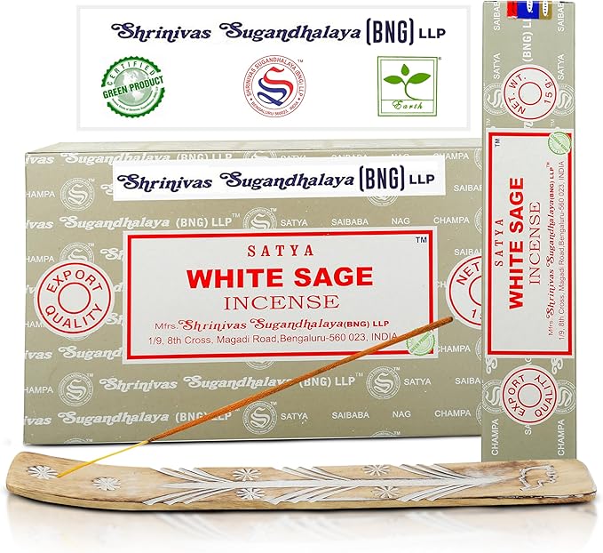 Satya Nag Champa White Sage Incense Sticks, SatyaBng (Bangalore) Insenses 15gmx12 Pack with Raajsee Insence Holder Bundle, Nag Champa Natural Incense - Bloomnest