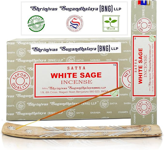 Satya Nag Champa White Sage Incense Sticks, SatyaBng (Bangalore) Insenses 15gmx12 Pack with Raajsee Insence Holder Bundle, Nag Champa Natural Incense - Bloomnest