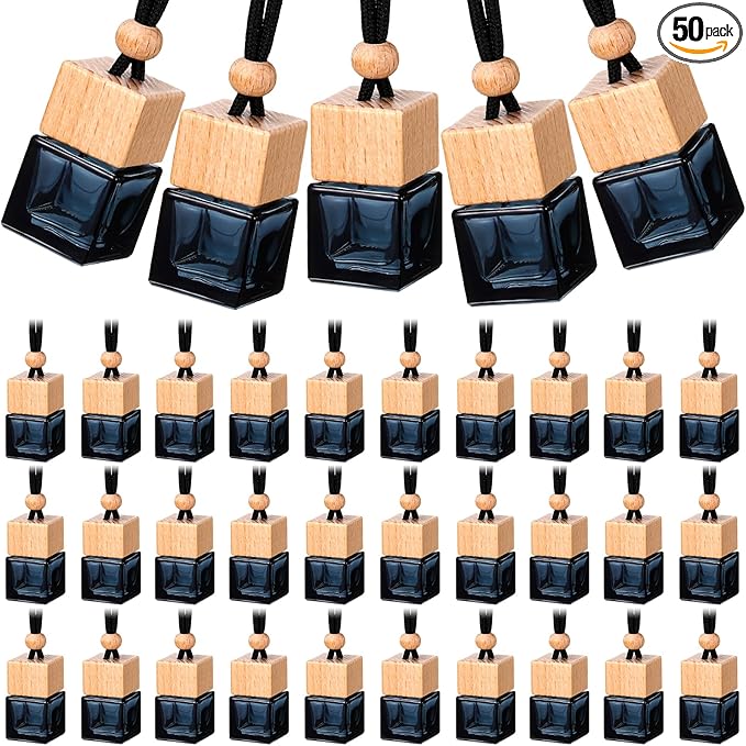 BBTO 50 Pcs Hanging Car Air Freshener Car Diffuser Bottles Empty Glass Perfume Bottle Freshener Diffuser Bottle Pendant for Essential Oil Fragrance Aromatherapy Bottle Ornament (Black,Cube) - Bloomnest