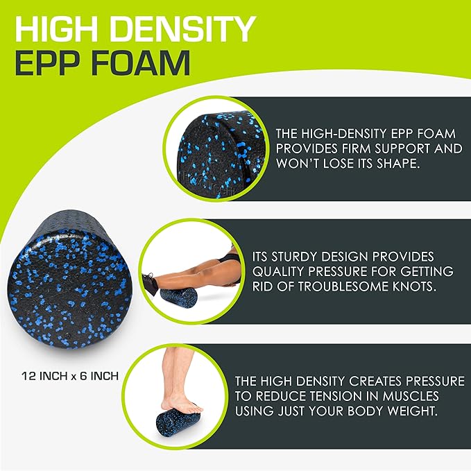 ProsourceFit High Density Foam Rollers 12 - inches Long, Firm Full Body Athletic Massage Tool for Back Stretching, Yoga, Pilates, Post Workout Muscle Recuperation, Black/Blue - Bloomnest