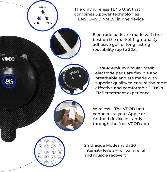 VPOD Single Wireless TENS Unit - EMS Muscle Stimulator for Pain Relief Therapy, 24 Modes - TENS Massager Electric Stimulation Machine for Nerve and Back Pain