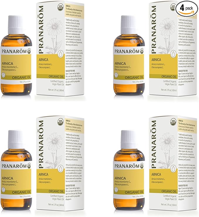 Pranarom - 4 Pack - USDA Certified Organic French Arnica Virgin Plant Oil - 2 fl oz Glass Bottle - Massage Oil for Body, Relaxing, Soothing for Joints & Muscles - Bloomnest