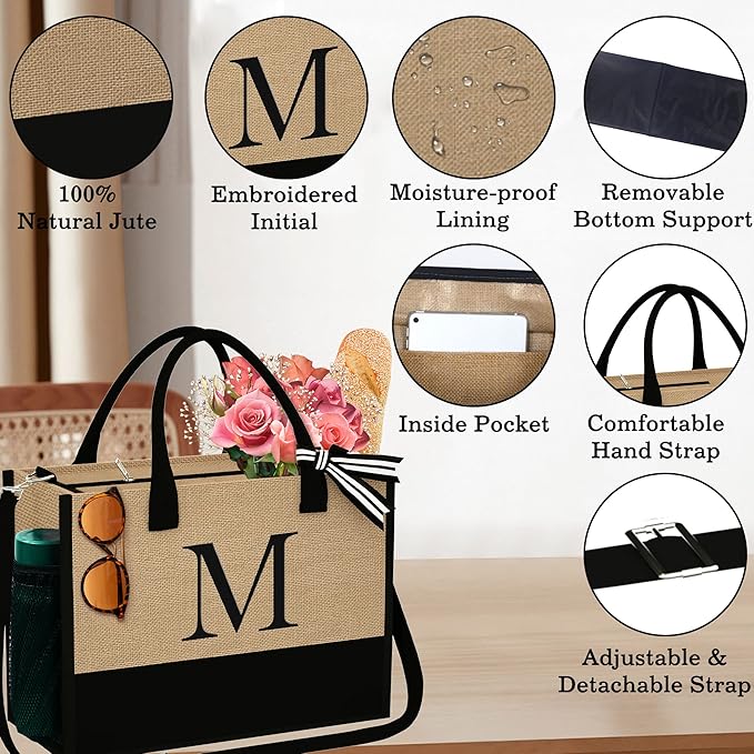YOOLIFE Valentines Day Gifts for Her - Initial Jute Tote Bag & Makeup Bag, Birthday Gifts for Women Teacher Mom Wife Friend - Bloomnest