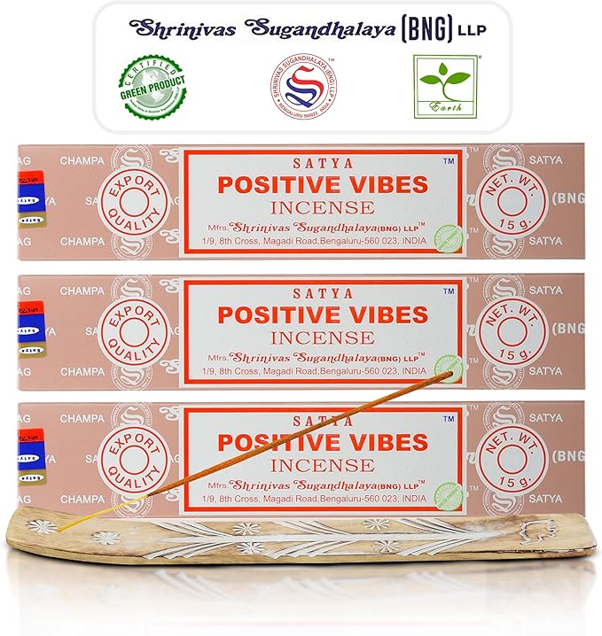 Satya Positive Vibes Incense Sticks, Satya Bng (Bangalore) Insenses 15gmx3 Pack (45 GMS) with Raajsee Incense Holder Bundle, Satya Nagchampa Natural Incense - Bloomnest