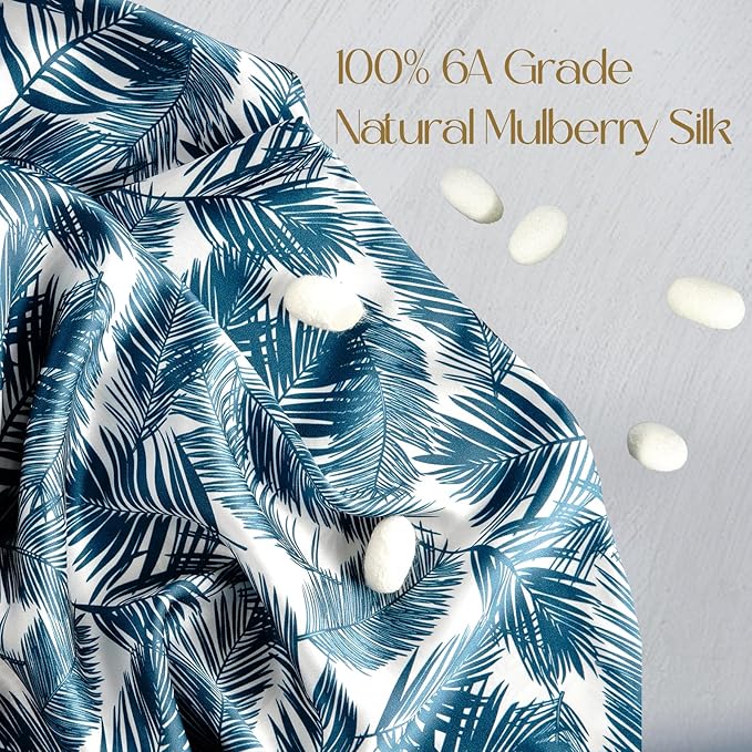 ZIMASILK 100% Pure Mulberry Silk Pillowcase for Hair and Skin Health,Both Sides 19 Momme Silk Floral Print,1pc(Queen 20''x30'',Blue Leaves) - Bloomnest