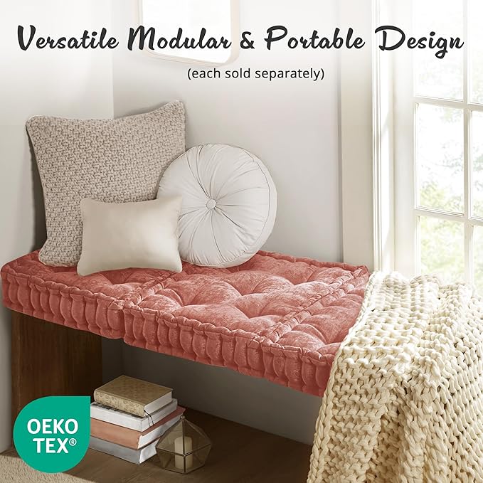 Intelligent Design Azza Floor Pillow, Large Seat Cushions for Adults, Floor Pillow for Meditation or Yoga, Lustrous Chenille Tufted, Scalloped Edges for Bench/Chair Cushion, 20"x20"x5", Dusty Peach