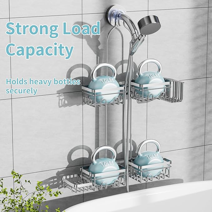 KEGII Shower Caddy Hanging for Handheld Showerheads, Rustproof Hanging Shower Organizer with Soap Dish, Toothbrush Holder and Hooks, Over Showerhead Caddy for Bathroom, Silver - Bloomnest