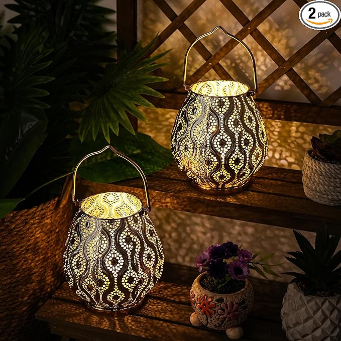 TRIROCKS Set of 2 Moroccan Decorative Lamps 8'' High Cordless Lamp Metal Table Lamps with Fairy Lights Bulb for Home Living Room Garden Yard Party Events Tabletop Indoor Outdoor(Gold) - Bloomnest