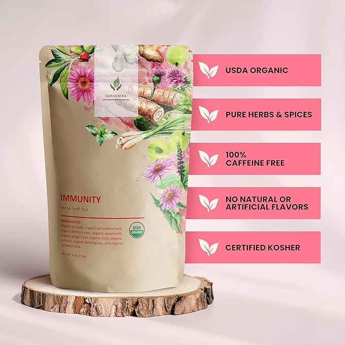 Gardenika Organic Immune Loose Leaf Tea, Herbal, Caffeine Free Leaves, Ayurvedic, KSA Kosher – 4 oz (1 Pack) - Bloomnest