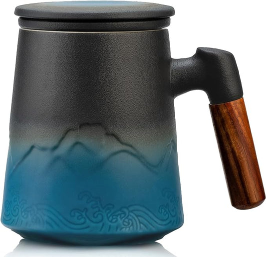 suyika Tea Cup with Infuser and Lid, 15.2 Ounce Wood Handle Ceramic Loose Leaf Mug Gradient Black&Blue 450ml