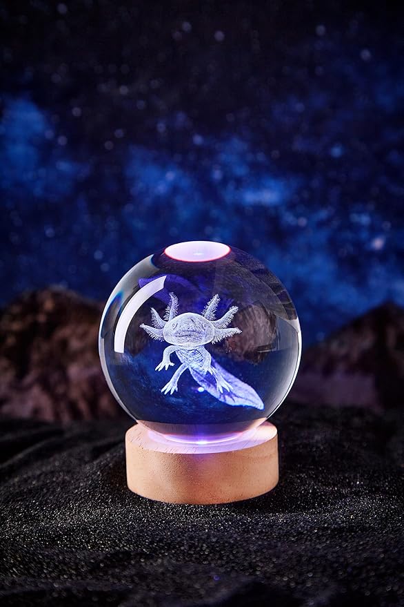 3D Large Axolotl Crystal Ball Night Light with Wooden Base, Crystal Lamp Gift for Kids Wife Friends, 16 Color Changing with Remote Control, Laser Engraved 3.15 inch Glass Ball Lamp (Axolotl) - Bloomnest