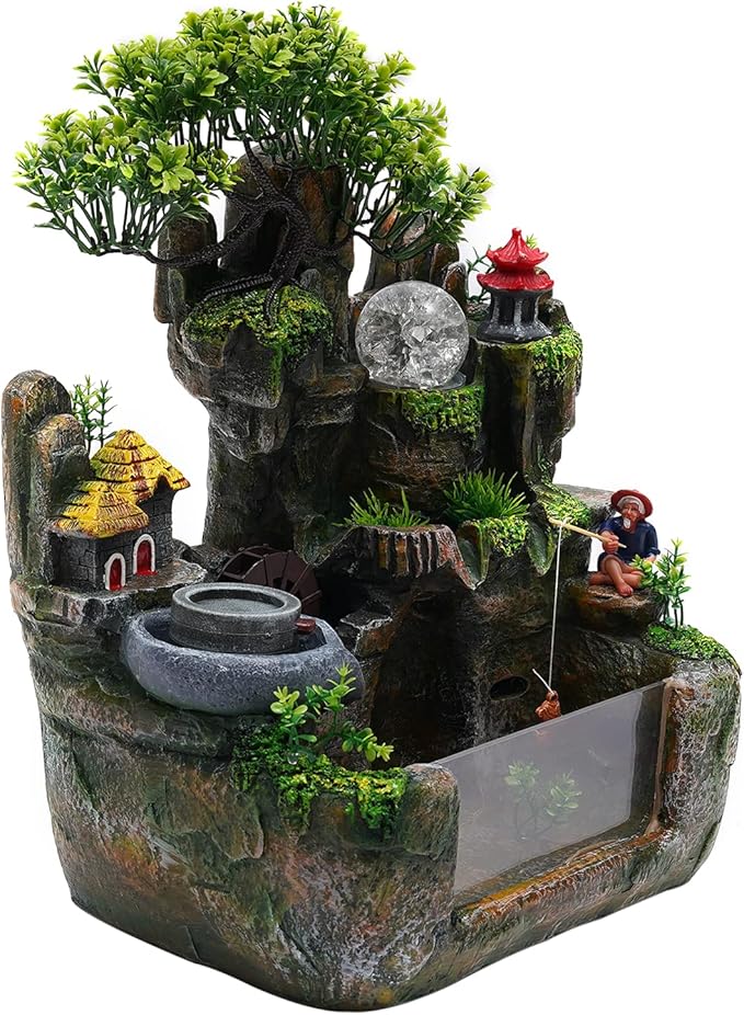 15" LED Desktop Fountain Waterfall Decor, Atomizing Desktop Humidifier w/LED Lights & Atomizer for Office Home Desk Decoration Gift Zen Meditation Resin Rockery Water Fountain Bonsai Bedroom Relax - Bloomnest
