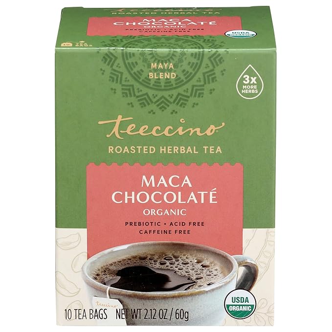 Teeccino Herbal Tea – Maca Chocolaté – Adaptogenic Peruvian Maca, Cacao, Chicory, Prebiotic, Caffeine Free, Acid Free, Coffee Alternative (10 Count (Pack of 4)) - Bloomnest