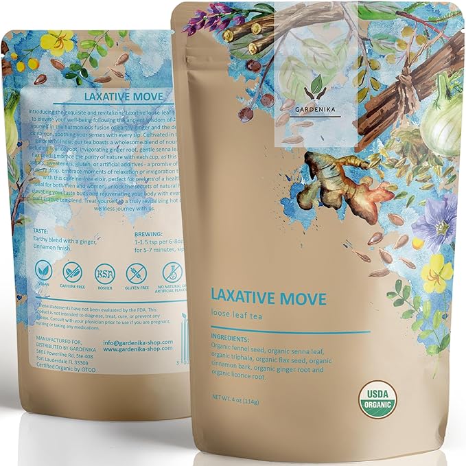 Gardenika Organic Laxative Loose Tea, Herbal, Caffeine-Free, KSA Kosher, Ayurvedic with Fennel, Ginger, Senna, Cinnamon - 4oz (1 Pack) - Bloomnest