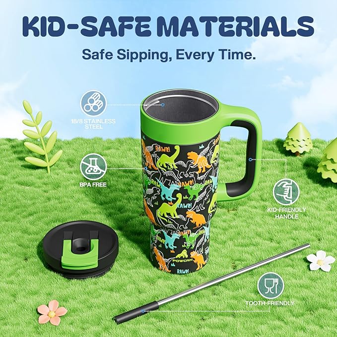 24 oz Kids Tumbler with Straw for Boys: Leakproof, Cold for 26 Hrs, Hot for 10 Hrs, Durable Handle, Insulated Stainless Steel Cup for Daycare, School, Classroom, Playtime, Birthday, Gift (Dino Rawr） - Bloomnest