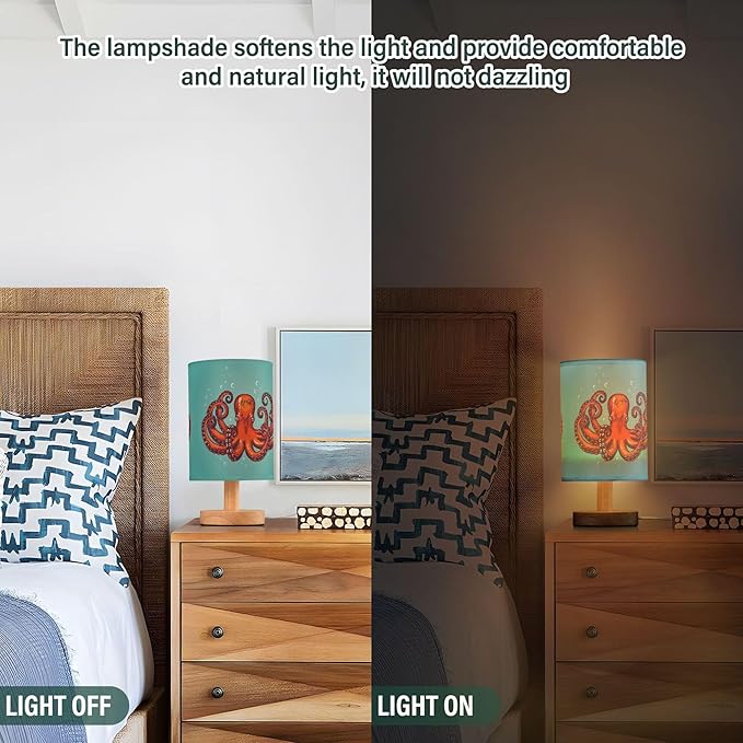 Table Lamp Retro Vintage Red Octopus Ocean Bubble on Blue Nightstand Lamp with Wood Base Fabric Lamp Shade Bedside Desk Lamp for Living Room Bedroom Kids Room Office - Bloomnest