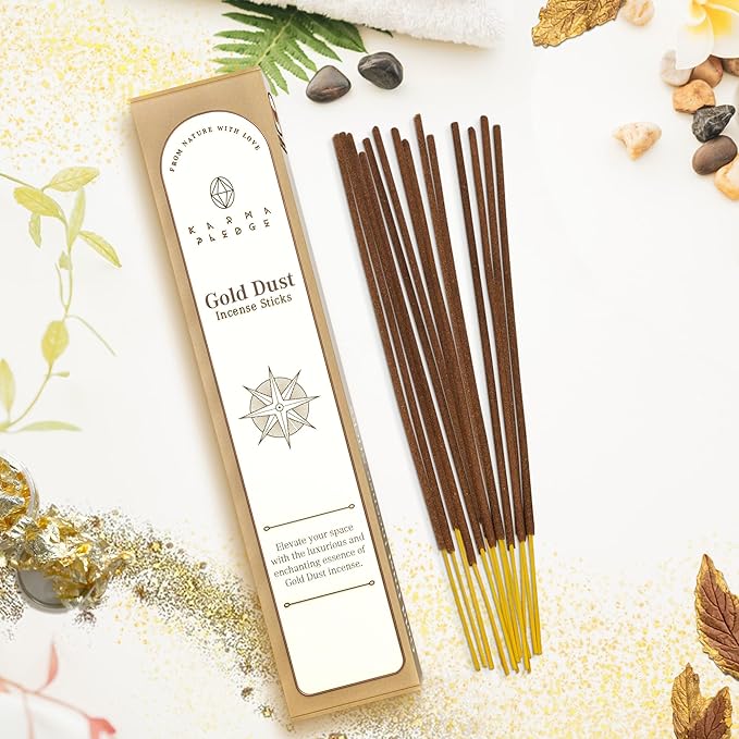 Gold Dust Incense Sticks, Organic Hand Dipped Incense, Natural Herb & Aromatic Ingredients, Contain 40 Sticks Inside, Burn Time 45 to 60 Minutes, Spiritual Gifts, Whispers Incense By Karma Pledge