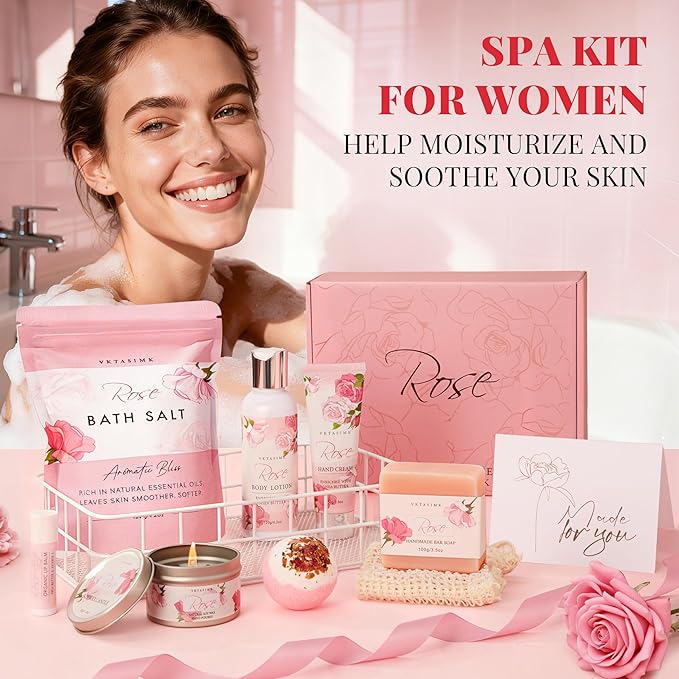 Gifts for Women, Birthday Gifts for Women, Bath and Body Gift Basket Mothers Day Gifts, Rose Home Spa Set Self Care Gift, Thank You for Mom Sister Her Teacher Friends Friendship - Bloomnest